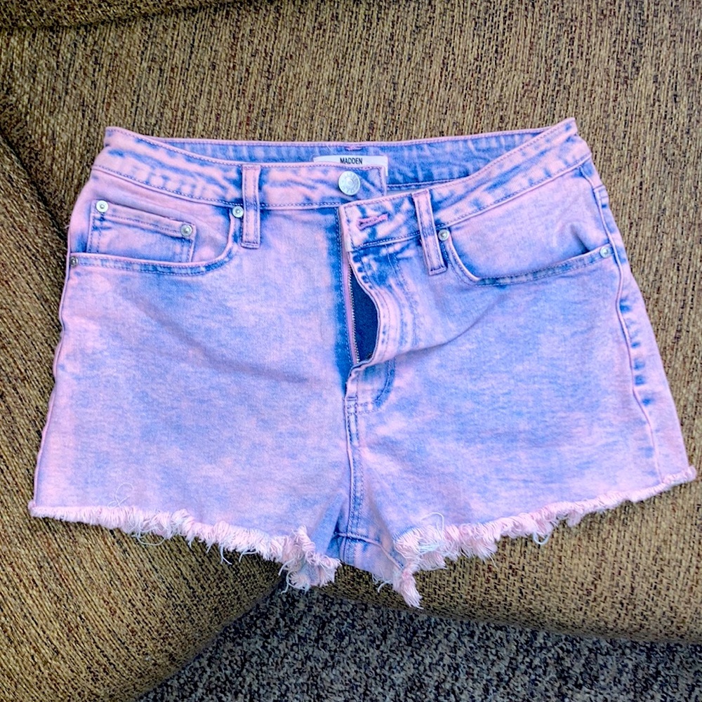pink acid wash mid-rise shorties